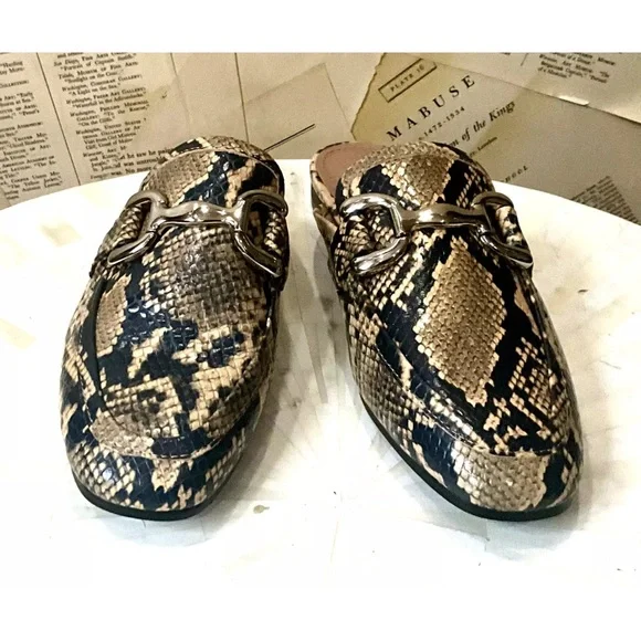 Anthropologie Bibi Lou Zagreb Slip On Loafers Snakeskin Embossed Tan Black - Picture 4 of 9